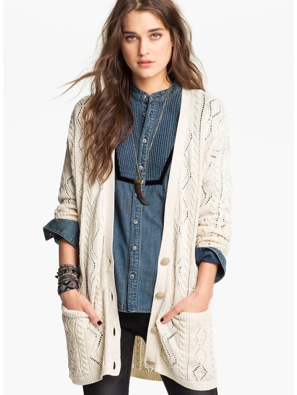 Free People New Romantics Bang Bang Knit Gold Thread Fisherman Cardigan Size S